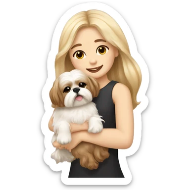 human girl with long wavy brown hair hugging a blonde cream colored shih tzu girl with bow sticker