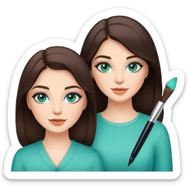 Happy sisters, brunettes, bluegreen eyes, makeup, stylish sticker