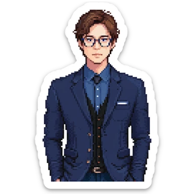 Flat pixel art, focused and reserved male architect, short sleek brown hair, wearing glasses, intense sharp eyes, wearing a deep indigo suit jacket over a black shirt, holding a blue print, waist-up, front-facing sticker