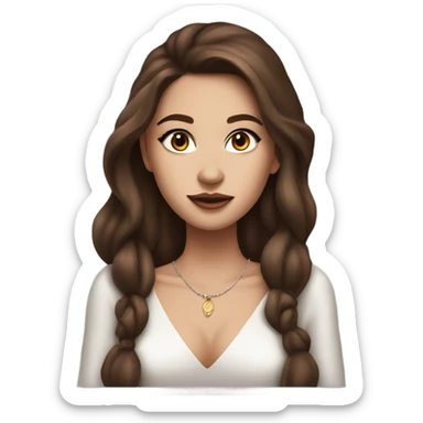 rich girl with white skin, long brown hair, dark eyes, with makeup, with wine sticker