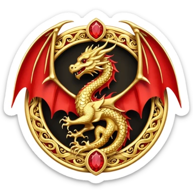 Golden Dragon with wings crest/brosch in a circle with red gems sticker