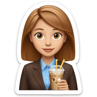 Women in front of laptop with a happy face, light brown hair, light brown big eyes, light skin with a iced coffee on the side, business attire sticker