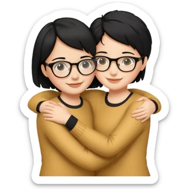 a gif of two wheat skinned girls with black hair, one with glasses hugging each other. the one with glasses is on the left and her right arm is around the one on the right. the right girl has short hair sticker