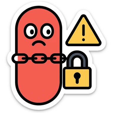 red medicine capsule with a chain or lock around it, anxious eyes, warning sign, bold lines sticker