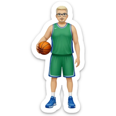 Full Body white male plus size wearing glasses with a goatee with light blonde and gray very short hair mad basketball head Coach in blue and green wearing Nike dress gear sticker