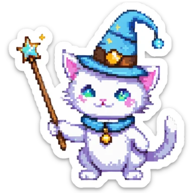 wizard cat with a pointy hat and magic wand sticker
