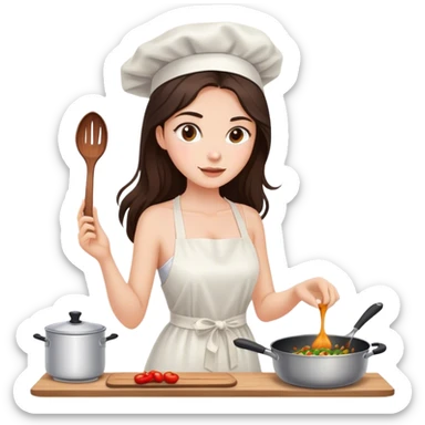 Beautiful woman in 1950’s woman fashion look, white dress, long dark brown hair, cooking sticker