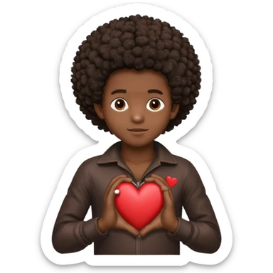 I want a black boy with chocolate skin and a small messy afro holding a heart with the name “Aja” in black close to his chest with his hands over the heart as if to present it to someone he loves. sticker