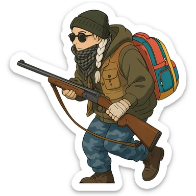 1 female, long white braid, knit cap, dark sunglasses, shemegh neckwrap, fishing vest, vibrant shool backpack, drab hoodie, handwraps, blue camo pants, Blaser Bbf-95, hunched over, on the move sticker