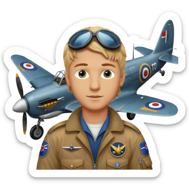 young man with wavy dirty blonde hair and blue eyes. He is a pilot and there is a RAF spitfire plane behind him sticker