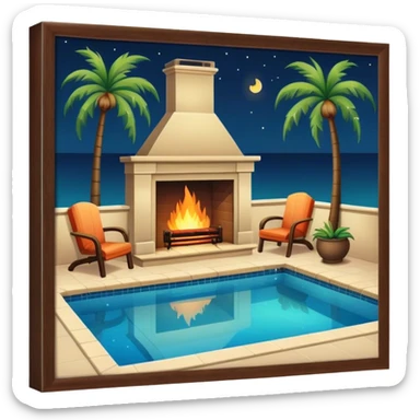 A pool at night with palm trees and  a fireplace  sticker