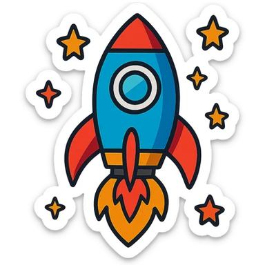 rocket ship with flames and stars around it sticker