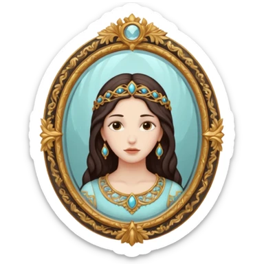 Woman facing ancient mirror, reflection slightly delayed and darker sticker