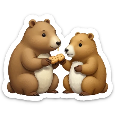 small capybara and a snow bear eating biscuits with each other sticker