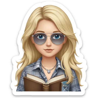 girl with long blond messy hair wearing grey plaid shirt with blue eyes and aviator sunglasses wearing a ring on her silver necklace, holding law books sticker