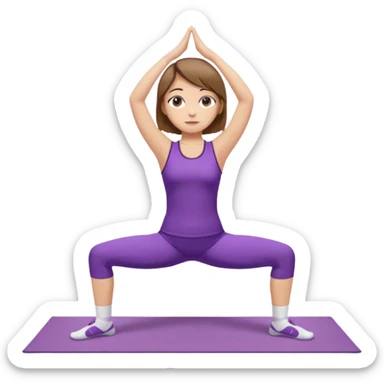 Девушка с короткими волосами до плеч русого цвета, с черными бровями, карие глаза, у неё фиолетовый спортивный костюм с топиком и шортами и белые носки, она занимается йогой в позе бибаласана (поза кошки) sticker