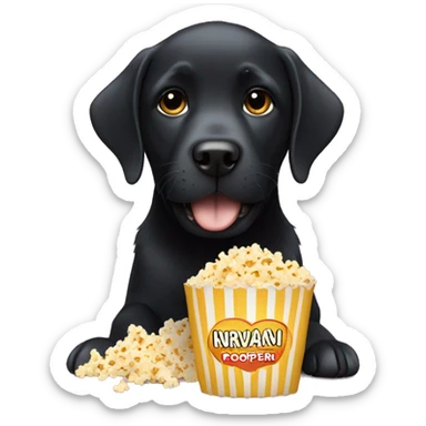 Black Labrador wearing  a nirvana top eating popcorn  sticker