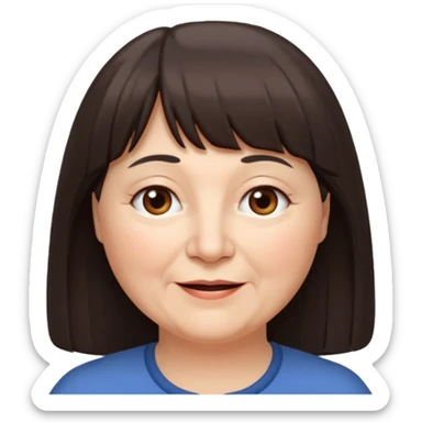 60 yr old woman, long hair to waist, very small brown eyes, long hair, straight dark brown hair, bangs, chubby, long face, very tired but happy sticker