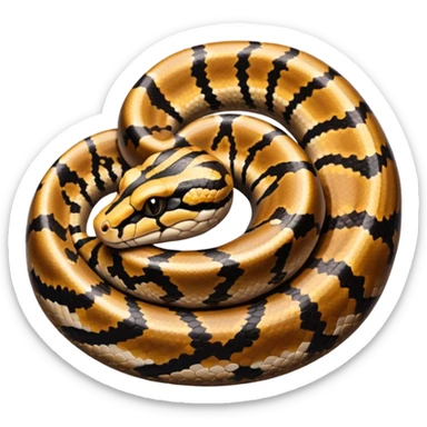 A photo-realistic top-down view of a Ball Python gently coiled into a tight spiral, with its head resting peacefully at the center. Its scales are warm brown with bold, irregular black markings, including the distinctive “alien-head” pattern, flowing smoothly along its body.  sticker