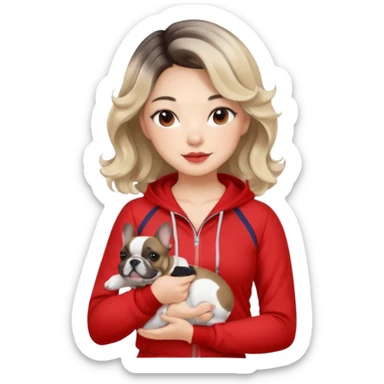 An Asian Lady With Ash Blonde Balayage, Loose Curls, In Red Gym Outfit, Holding A French Bulldog sticker