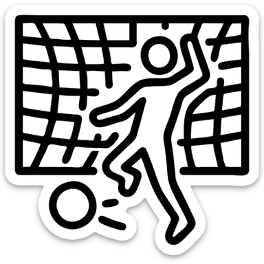 stylized soccer player scoring a goal, net rippling, dramatic pose, bold outlines sticker