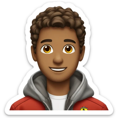 A brown Arab teenage boy smiling brown eyes with a Ferrari jacket sticker