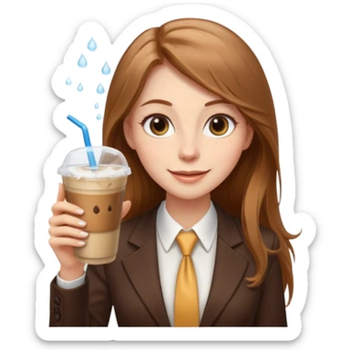 Women in front of laptop with a happy face, long light brown hair, light brown big eyes, light pale skin with a iced coffee on the side, business attire sticker