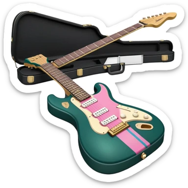 minimalist electric guitar in dark green with pink and blue stripe decal, closed inside a black rectangular hard case with gold latches, flat semi-3D style, soft matte textures, simplified details, stylized decal accent, compact artistic look sticker