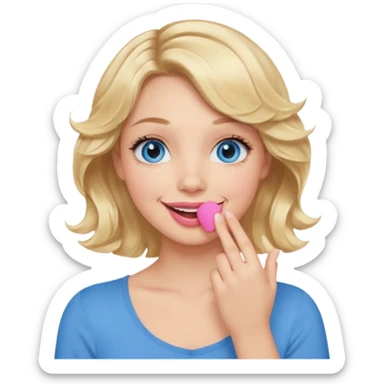 Girl Blonde short wavy hair,  blue eyes, cute blue top, long lashes, pink lips, smiling, hand covering the mouth sticker