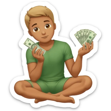 1 man is kneeling, holding a wad of money and asking for something sticker