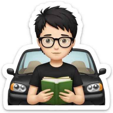 generate a pretty bratz fair skinned boy with black messy hair wearing a black tshirt driving. Glasses on. holding books sticker