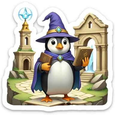 A wizard-explorer penguin wearing a slightly worn enchanted yellow hat and a flowing cape, standing in front of an ancient ruin. The penguin holds a spellbook in one hand and a magical artifact in the other, ready to unlock the secrets of a lost civilization sticker