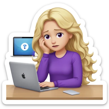 lady with long blonde wavy hair, purple top, one elbow one desk hand on face with a laptop looking defeated sticker