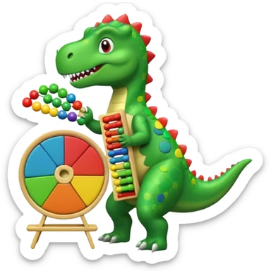 Dancing Dino holding an abacus against a pie chart sticker