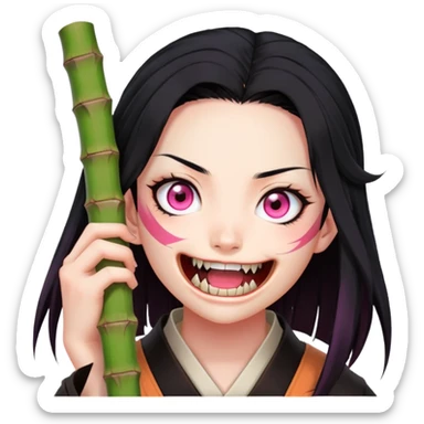 Nezuko from Demon Slayer biting down on bamboo muzzle with teeth visible, pink eyes and black hair with orange tips sticker