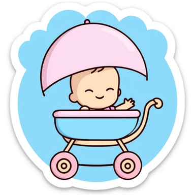 peaceful sleeping baby with closed eyes in pink and beige stroller with pastel blue clouds decoration sticker