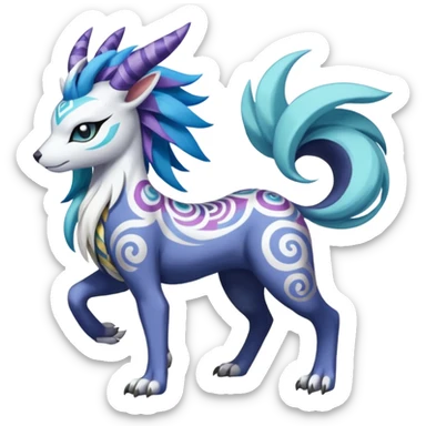 Tropical Tiny Marked Patterned Tribal Colorful Skilled Adept Graceful Asian Painted Garurumon-Meloetta-Absol-Suicune-Cobalion-fusion-hybrid-creature (full body) sticker