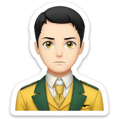 Levi Ackerman with black undercut hair, stern expression, wearing yellow uniform instead of green, with white cravat sticker