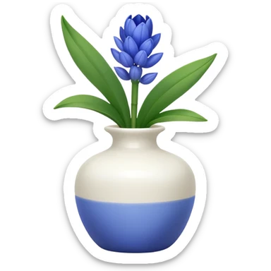 A small white vase holding a single blue hyacinth flower with green leaves. sticker