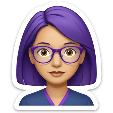 51-year-old woman. Navy blue shoulder-length hair. Purple wire-rimmed glasses. Brown eyes. sticker