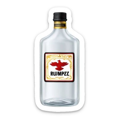 clear bottle of rumpleminze clear alcohol with a label that black with red border and font that has a small gold eagle on the label that says “RUMPZ” sticker