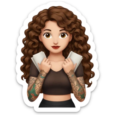 success scroll — long wavy brown hair tattooed woman and short tight curly brown hair woman — proud pose sticker