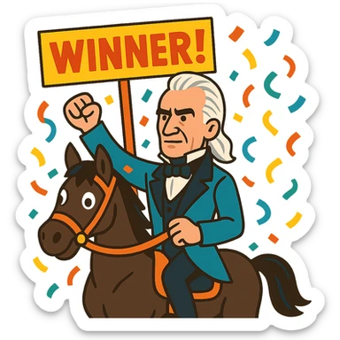 James K. Polk on a dark horse, confetti and 'Winner!' sign, bright colors, vibrant toon style sticker