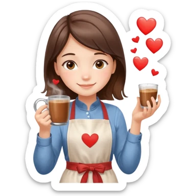 Cute daughter asking her mom for coffee, holding a steaming glass mug of Nescafe, shy smile, cozy kitchen scene, soft watercolor style, floating hearts, high resolution, sticker style sticker