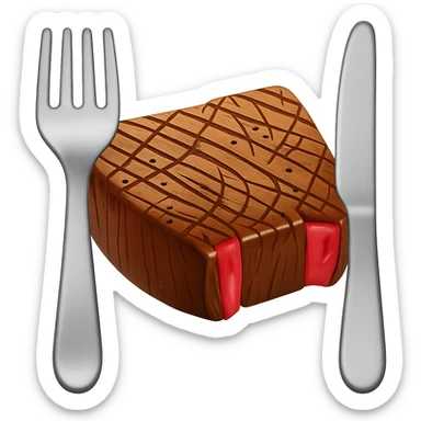 Add a fork and knife next to the steak in the style of an apple emoji. Keep the apple emoji style and no background. sticker