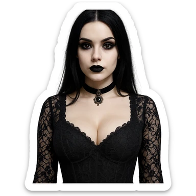 gothic girl with prominent bust, black lace dress, choker, dark lipstick, pale complexion sticker