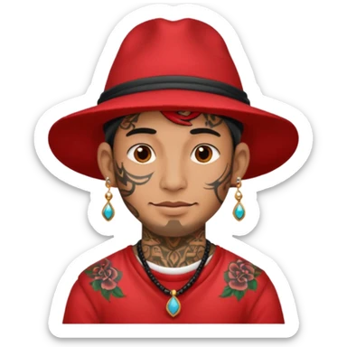 unique looking tourist with big unique red tourist hat and earrings, man with lots of tattoes sticker