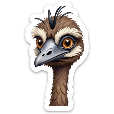 Cinematic Noble Emu Portrait Emoji, Poised and regal, with a tall, slender build and a shaggy, well-groomed fur of earthy brown feathers, a long elegant neck and deep-set soulful eyes, Simplified yet sharp and sophisticated features, highly detailed, glowing with a soft, dignified glow, high shine, intelligent and stately, stylized with an air of outback majesty, focused and attentive, soft glowing outline, capturing the essence of a watchful and confident bird, so majestic it feels as though it could stride out of the screen with effortless authority! sticker