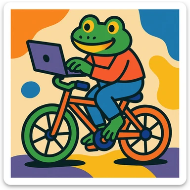 a frog working on a laptop while riding a bike, fun and whimsical style, colorful and playful cartoon illustration sticker