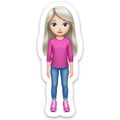 beautiful girl with long fair hair, blue eyes, in a vivid pink blouse, grey jeans and white trainers sticker